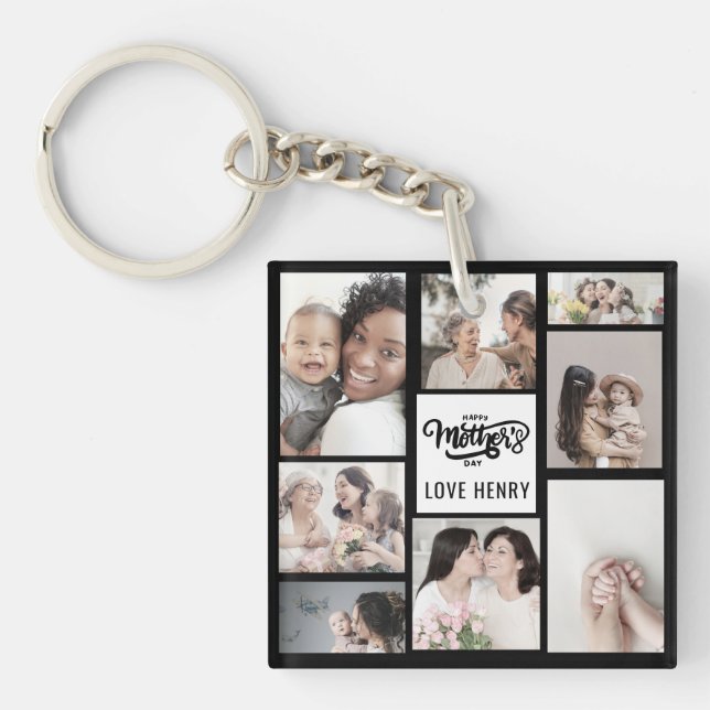 Black White Photo Collage Gift Happy Mother's Day  Keychain (Front)