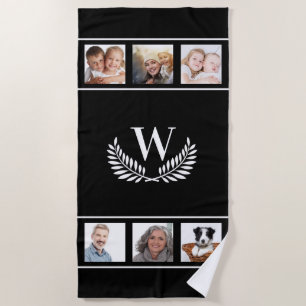 Black white photo collage monogram initial classic beach towel