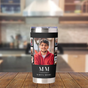 Black white photo collage monogram name guy insulated tumbler