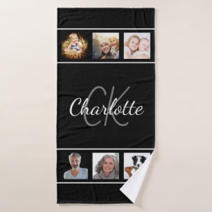 Black white photo collage monogram script bath towel