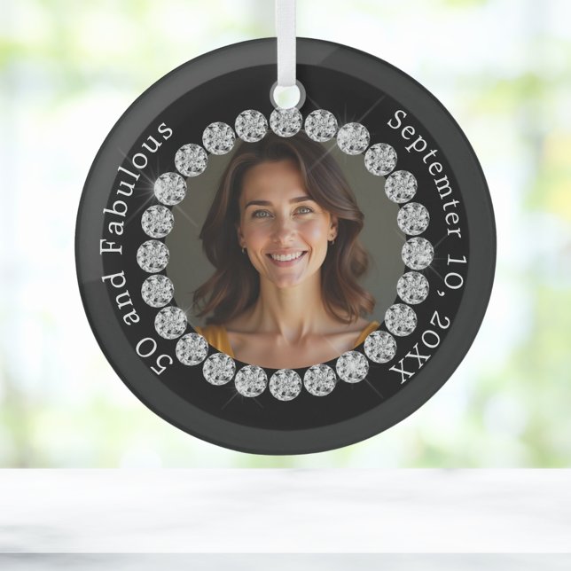 Black white photo diamonds fabulous birthday glass ornament (Creator Uploaded)