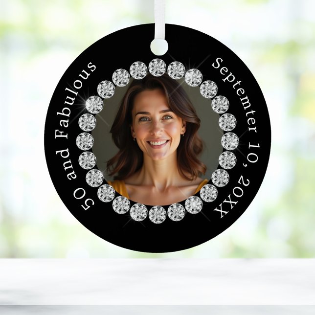 Black white photo diamonds fabulous birthday metal ornament (Creator Uploaded)