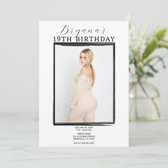 Black & White Photo Frame Trendy Modern Birthday  Invitation (Standing Front)