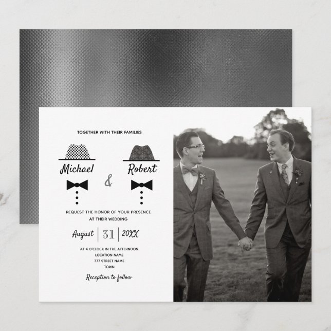 Black White Photo Gay Wedding Invitation (Front/Back)