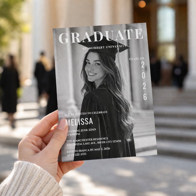 Black White Photo Graduation Invite (Elegant black and white graduation invite with modern magazine-style layout and photo design.)