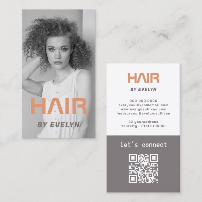 Black White Photo Hair QR Code Business Card (Front/Back)