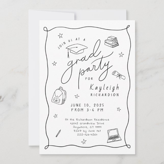 Black White Photo Hand Drawn Grad Party Invitation (Front)