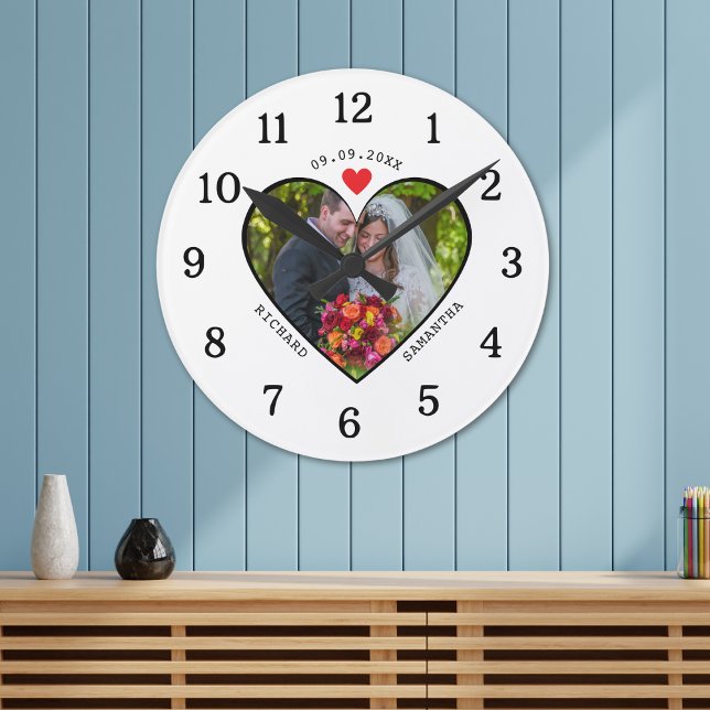 Black White Photo In Heart 1st Wedding Anniversary Round Clock (Black White Photo In Heart 1st Wedding Anniversary Round Clock)