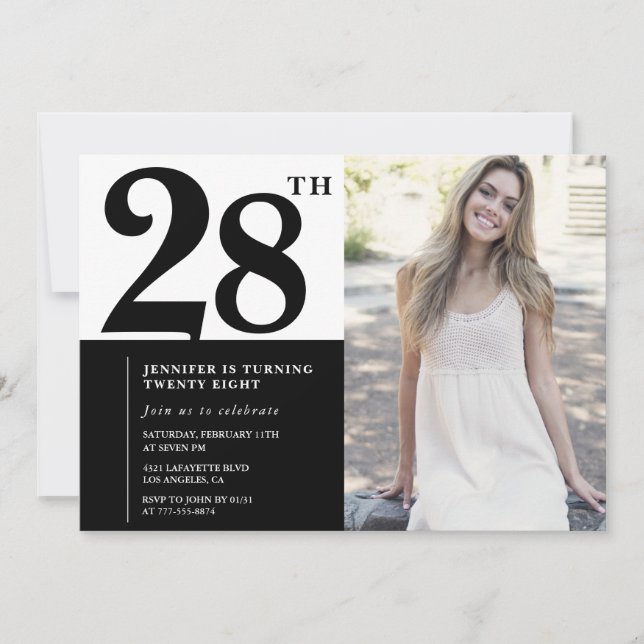 Black White Photo Invitations 28th Birthday (Devant)