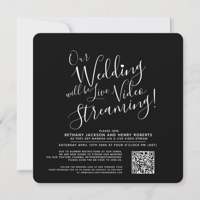 Black white photo live streaming wedding qr code invitation (Front)