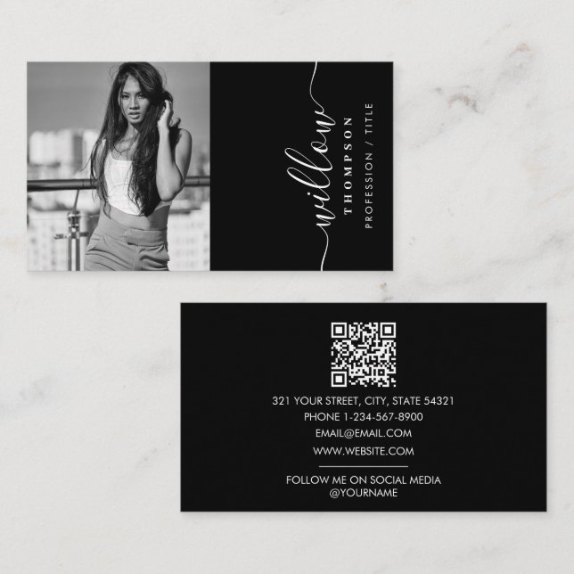 Black White Photo Minimalist Script QR Code Business Card (Front/Back)