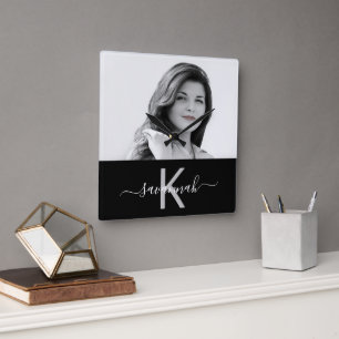 Black white photo monogram name script square wall clock