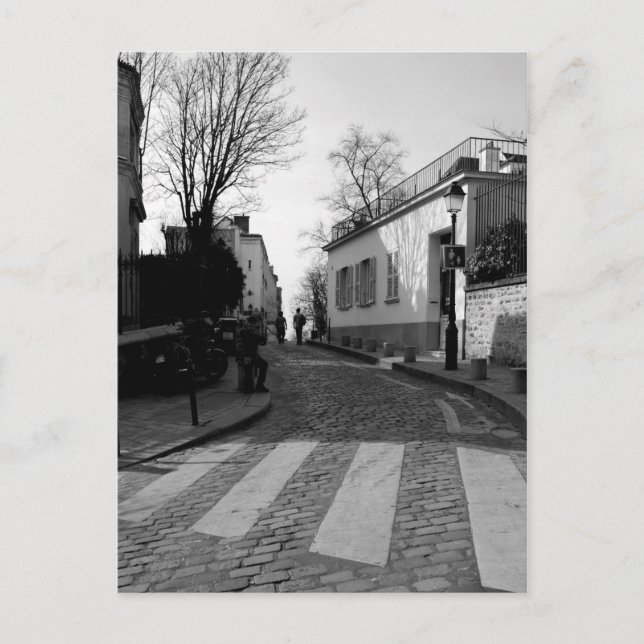 Black & White Photo of Cobbled Street in Montmarte Postcard (Front)