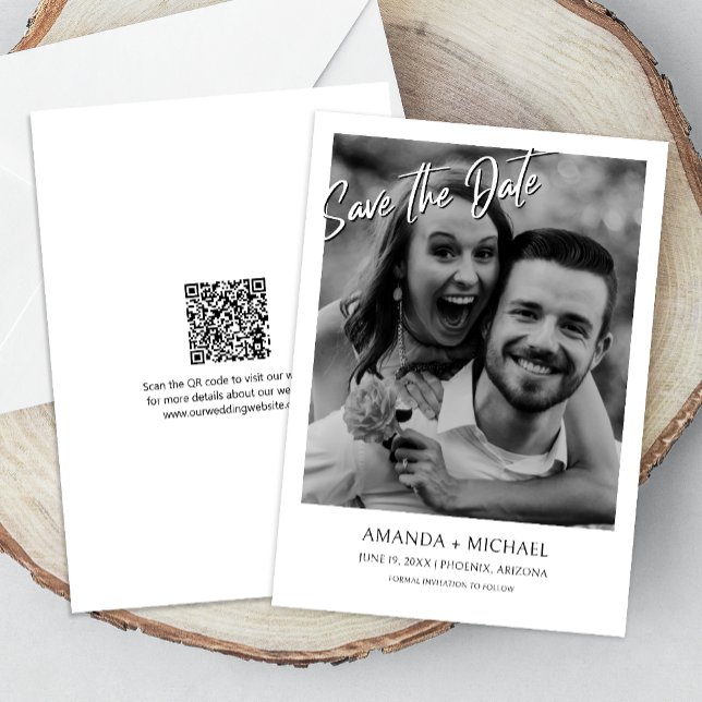 Black | White Photo QR Code Wedding Save the Date Invitation (Cherish the moment and announce your day with our captivating photo Save the Date invitation.)