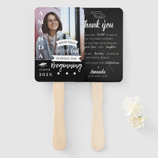 Black White Photo Quote Class Graduation Thank You Hand Fan (Front and Back)