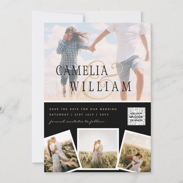 Black White PHOTO Wedding Invite QR CODE Save Date (Front)