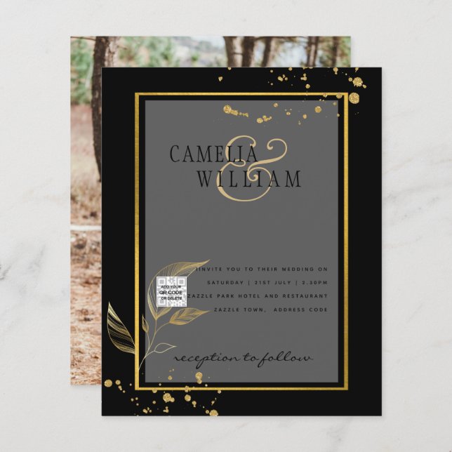 Black White Photo Wedding Invite QR Code Save Date (Front/Back)