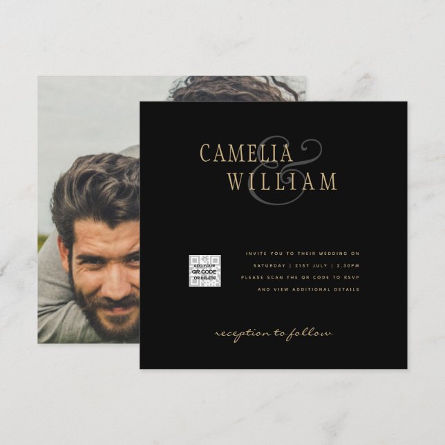 Black White PHOTO Wedding Invite QR CODE Save Date (Front/Back)