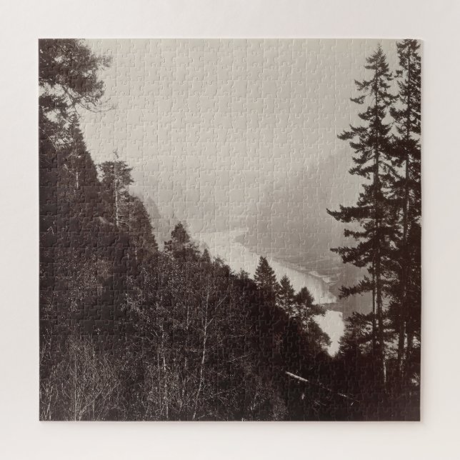 Black White Photograph Mountains, River, Pine Tree Jigsaw Puzzle (Vertical)