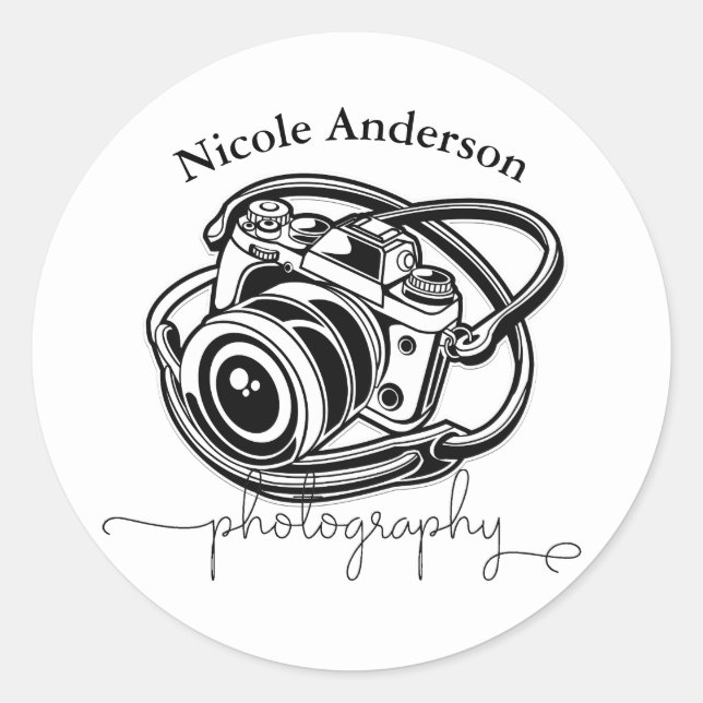 Black White Photography Camera Logo Graphic Classic Round Sticker (Front)