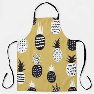 Black, white pineapples, yellow background apron