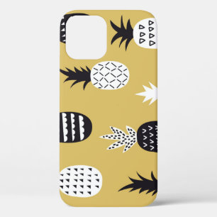 Black, white pineapples, yellow background iPhone 12 case