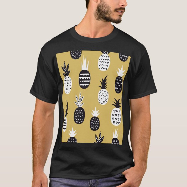 Black, white pineapples, yellow background T-Shirt (Front)