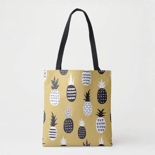Black, white pineapples, yellow background tote bag (Front)