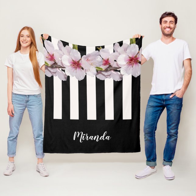 Black white pink cherry flowers black stripes name fleece blanket (In Situ)
