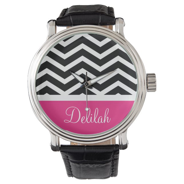 Black White Pink Chevron Custom Watch (Front)