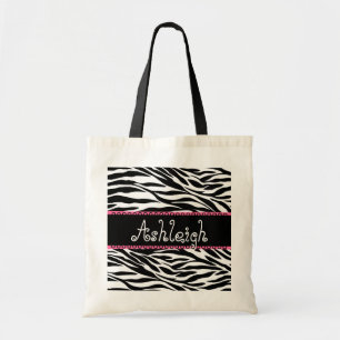 Black White Pink Custom Name Zebra Print Tote Bag