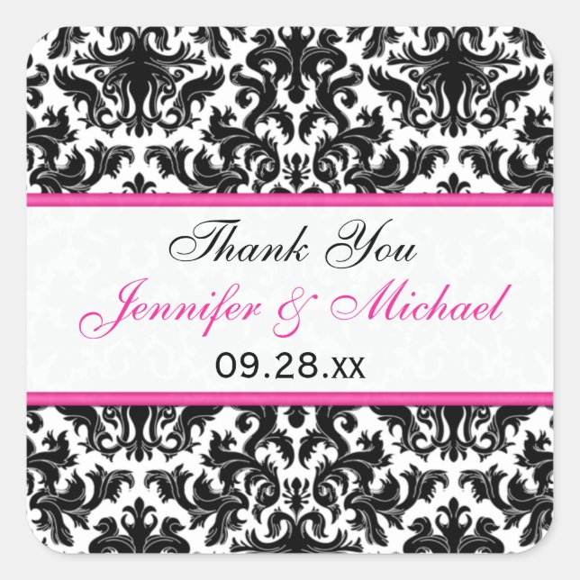 Black White Pink Damask 1.5" Wedding Favour Sticke Square Sticker (Front)