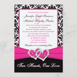 Black White Pink Damask Hearts Wedding Invitation