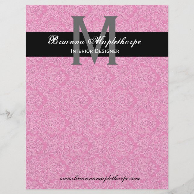 Black White Pink Damask Monogram Letterhead (Front)