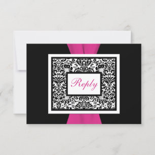 Black, White, Pink Damask PRINTED RIBBON RSVP Card