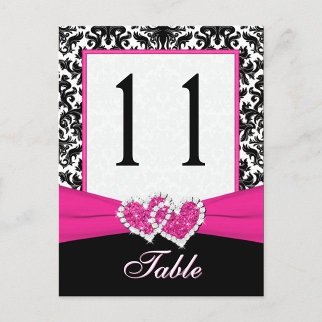 Black, White, Pink Damask Table Number Post Card (Front)