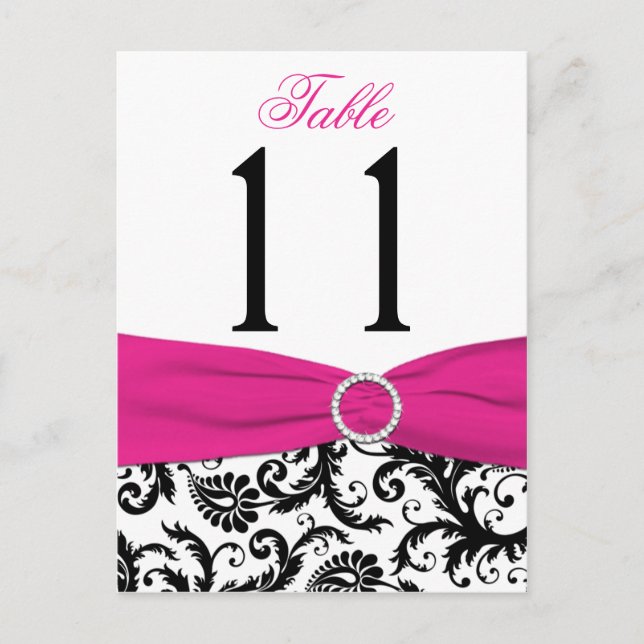 Black, White, Pink Damask Table Number Post Card (Front)
