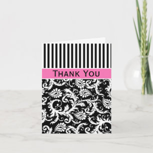 Black, White, Pink Damask Thank You Note Card