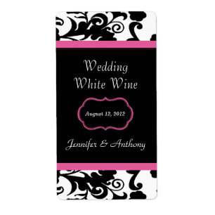 Black, White & Pink Damask Wedding Wine Labels