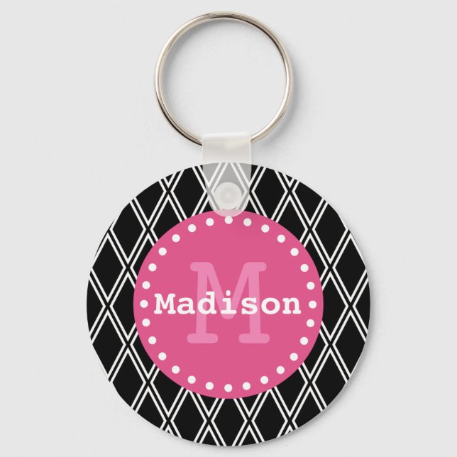 Black White Pink Diamond Pattern Monogram Keychain (Front)