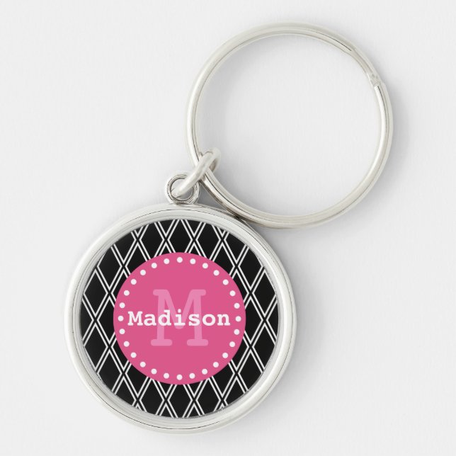 Black White Pink Diamond Pattern Monogram Keychain (Front)