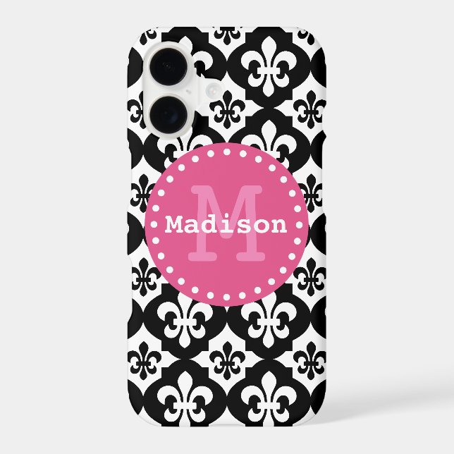 Black White Pink Fleur-De-Lis Pattern Monogram (Back)