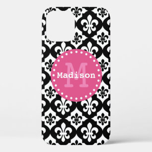 Black White Pink Fleur-De-Lis Pattern Monogram iPhone 12 Case