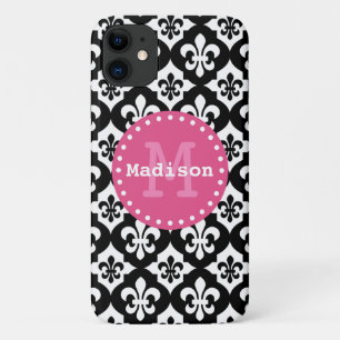 Black White Pink Fleur-De-Lis Pattern Monogram iPhone 11 Case