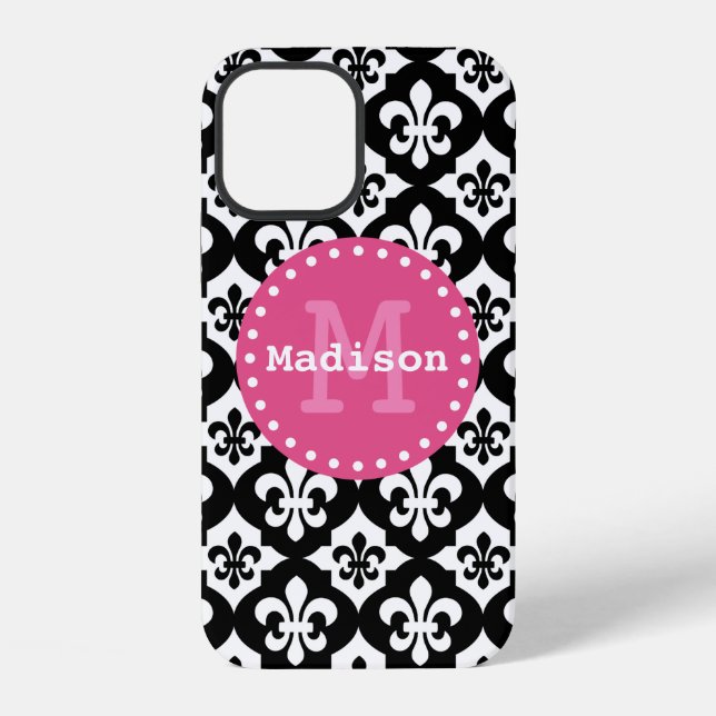 Black White Pink Fleur-De-Lis Pattern Monogram iPhone Case (Back)
