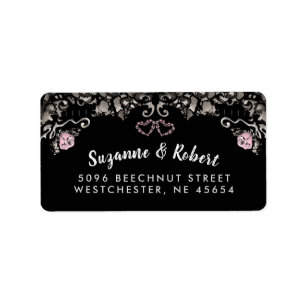 Black White & Pink Floral Hearts Wedding Address Label