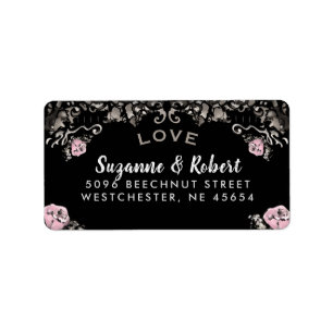 Black White & Pink Floral Wedding Address Label