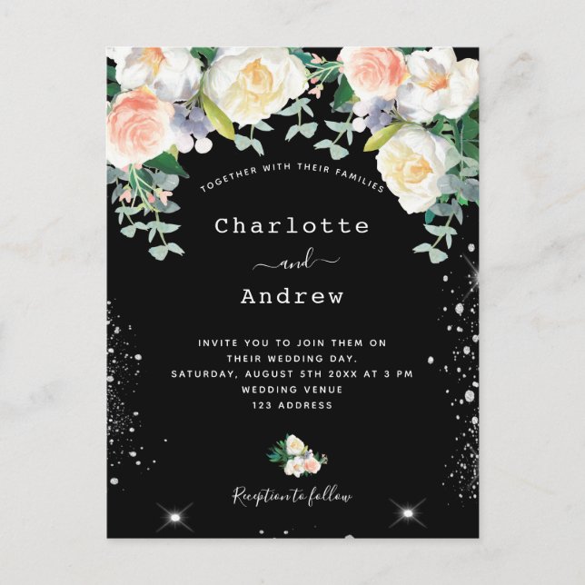 Black white pink florals silver sparkles wedding invitation postcard (Front)