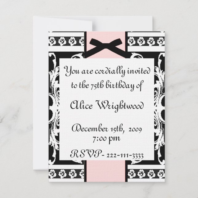 Black, White, & Pink Formal Birthday Invitation (Front)
