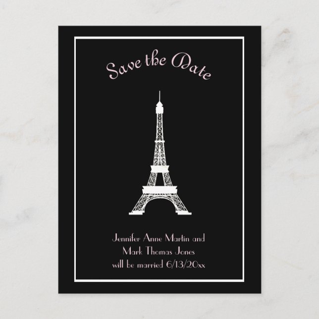 Black White Pink French Eiffel Tower Save the Date Announcement Postcard (Front)